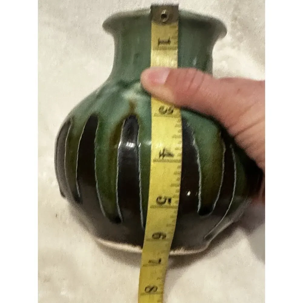 Handcrafted pottery vase green Brown crackle dripping glaze Decor Boho Retro